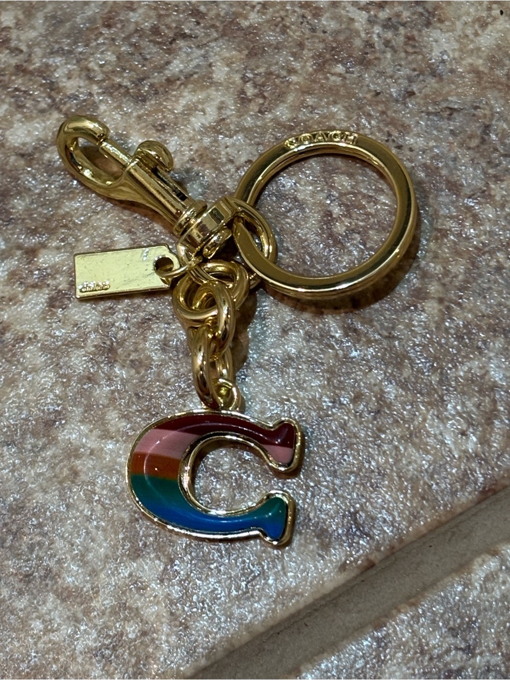 Designer inspired Gold-Tone Rainbow Enamel 'C' Keyring - Picture 2 of 4